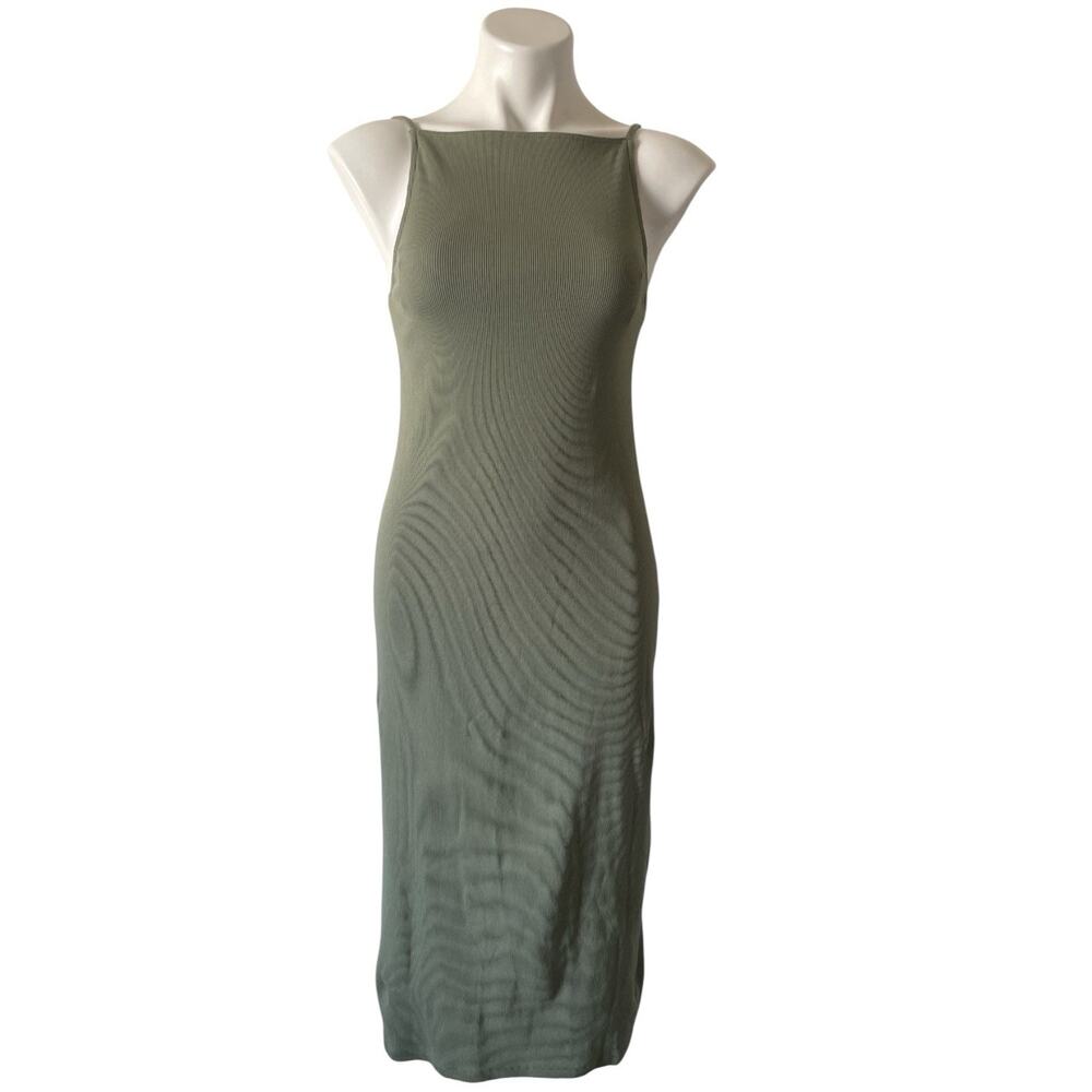 Old Navy Womens Sleeveless Midi Dress Rib Knit Med Green Spaghetti Strap Stretch